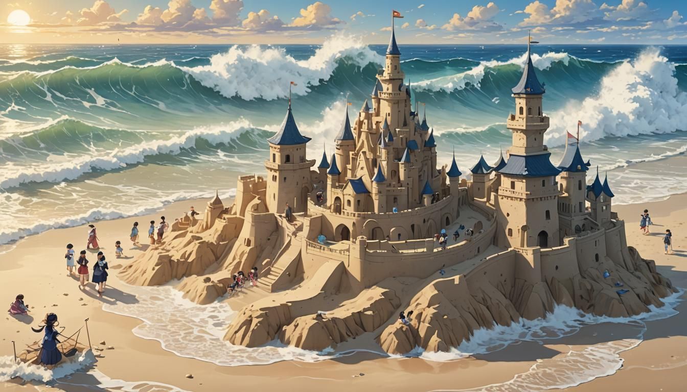 Anime Style Sandcastle on Ocean Beach