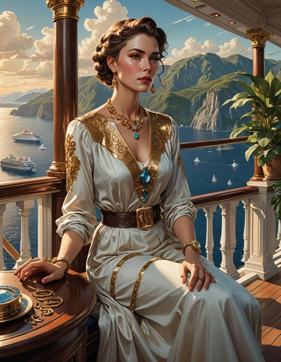 Woman on Cruise Ship Balcony in Illustration Style