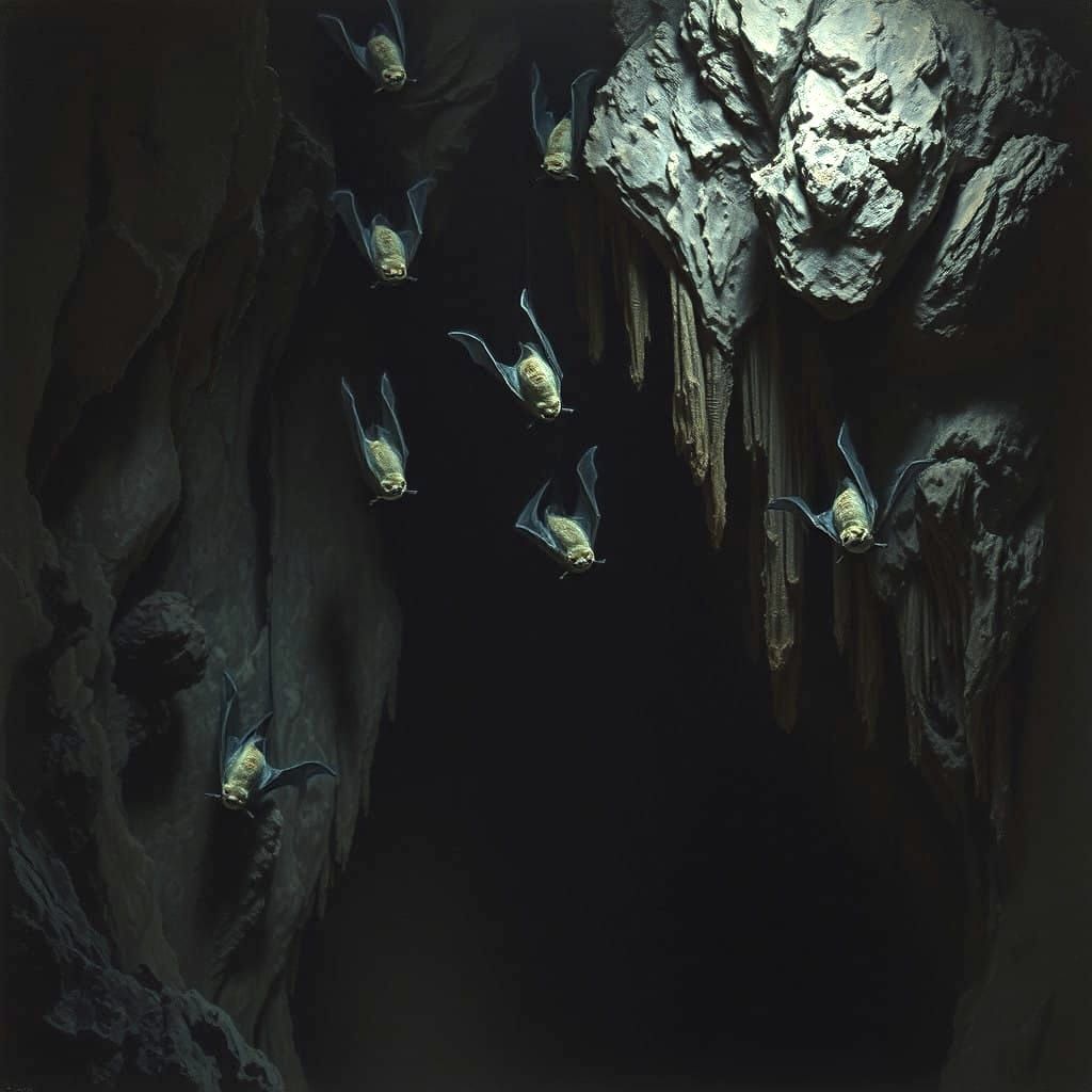 Bats Hang on Cave Walls with Fearsome Coral Formation
