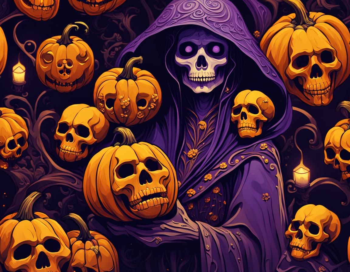 Dark Fantasy Pumpkins and Skulls, Mystical Harvest Night