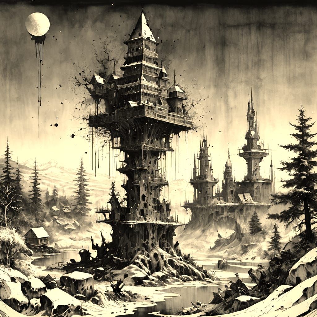 Winter Bosch Hellscape with Ink Splatter, Engraving