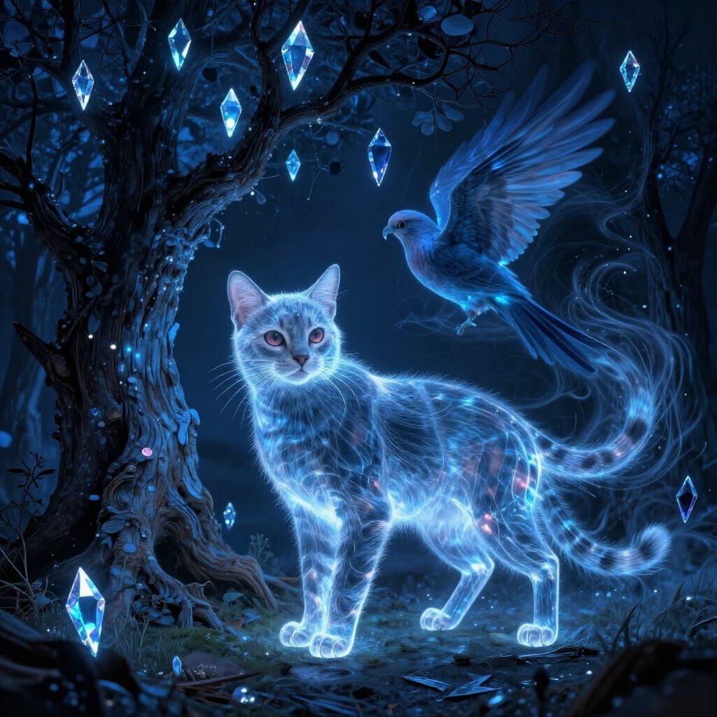 Surreal Triple Exposure: Parrot, Ghostly Cat, and Menacing D...
