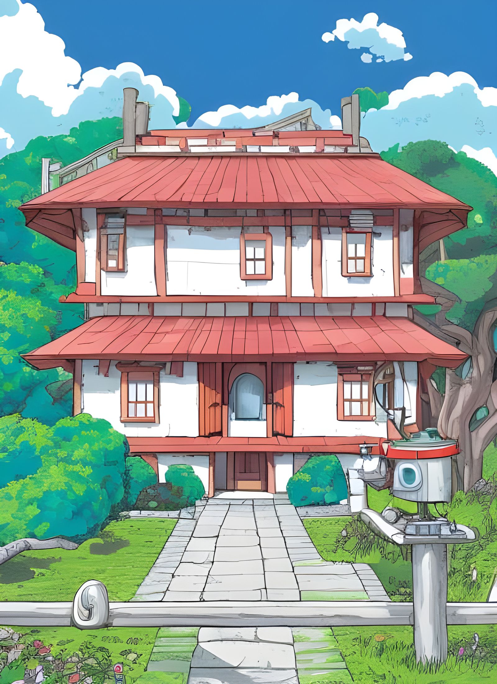 Studio Ghibli House Color Line Art Illustration