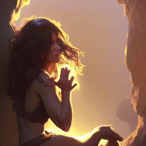 Cavewoman Paints Handprints: Hyperdetailed Portrait