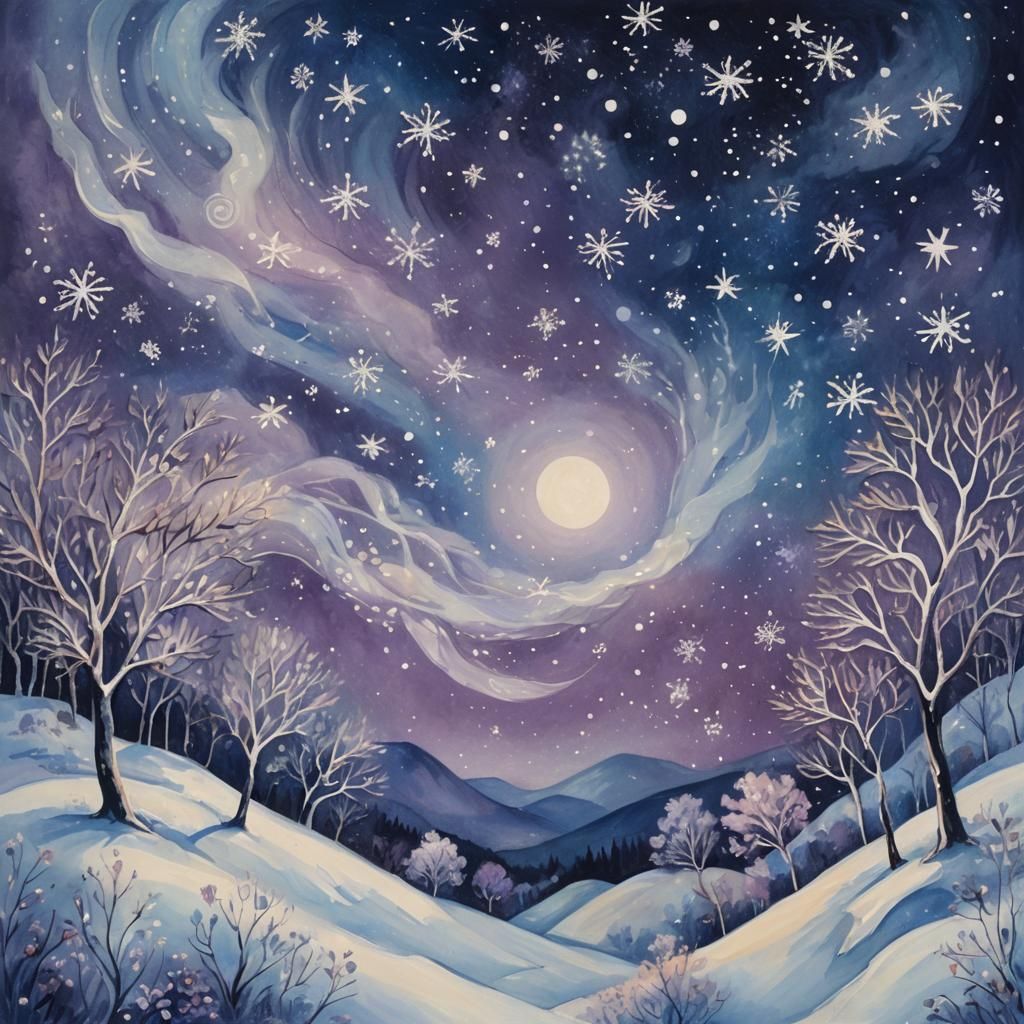 Celestial Gouache Painting of Swirling Snowflakes