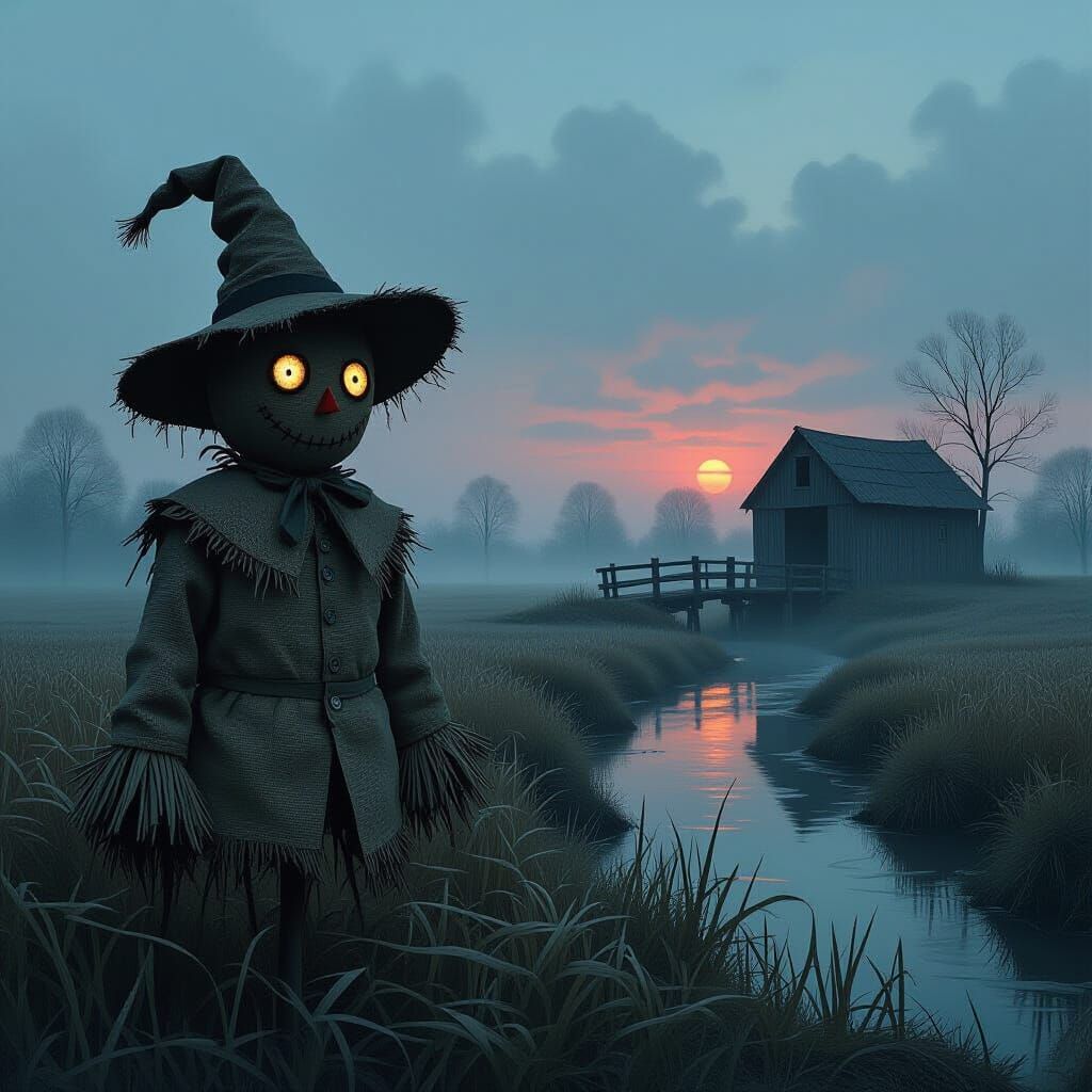 Eerie Scarecrow in Misty Field at Twilight