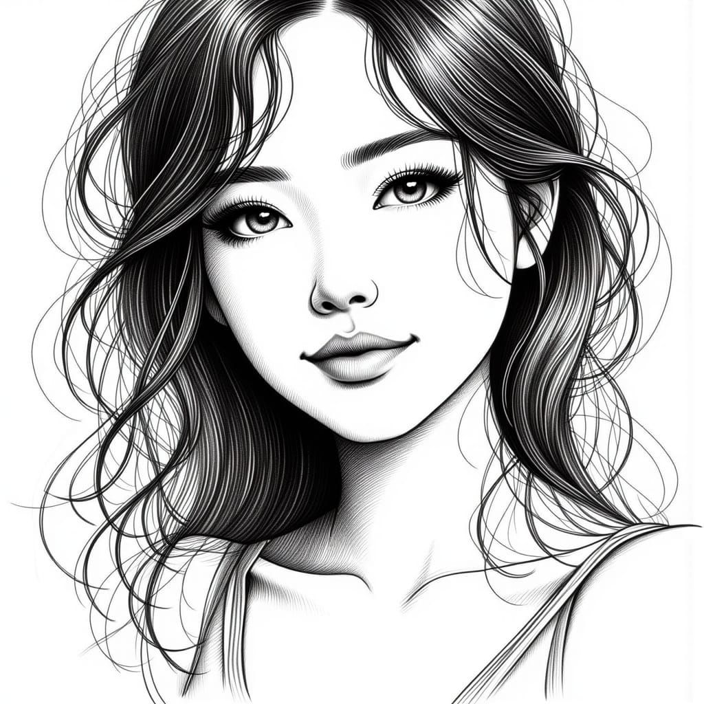 <lora:Pencil Sketch Flux:1.0> woman laughing with joy, awesome eyes, closeup on her face and hair, black and white sketc...