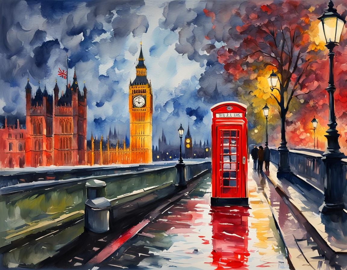 Iconic London Phone Box in Gouache Style