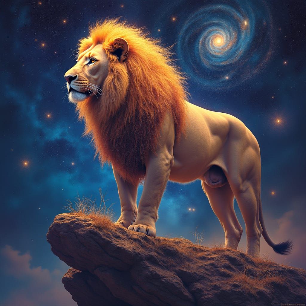 Cosmic Lion with Stardust Mane Overlooking Galaxy