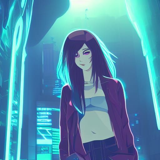 Cyberpunk Anime Girl in Neon Light: Ghibli Style