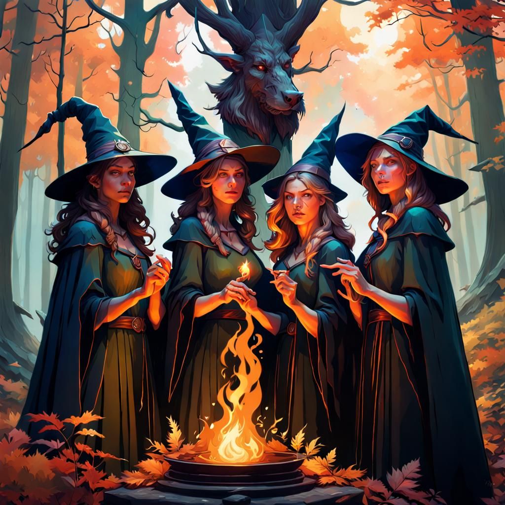 Enchanting Witches Casting a Spell in Forest