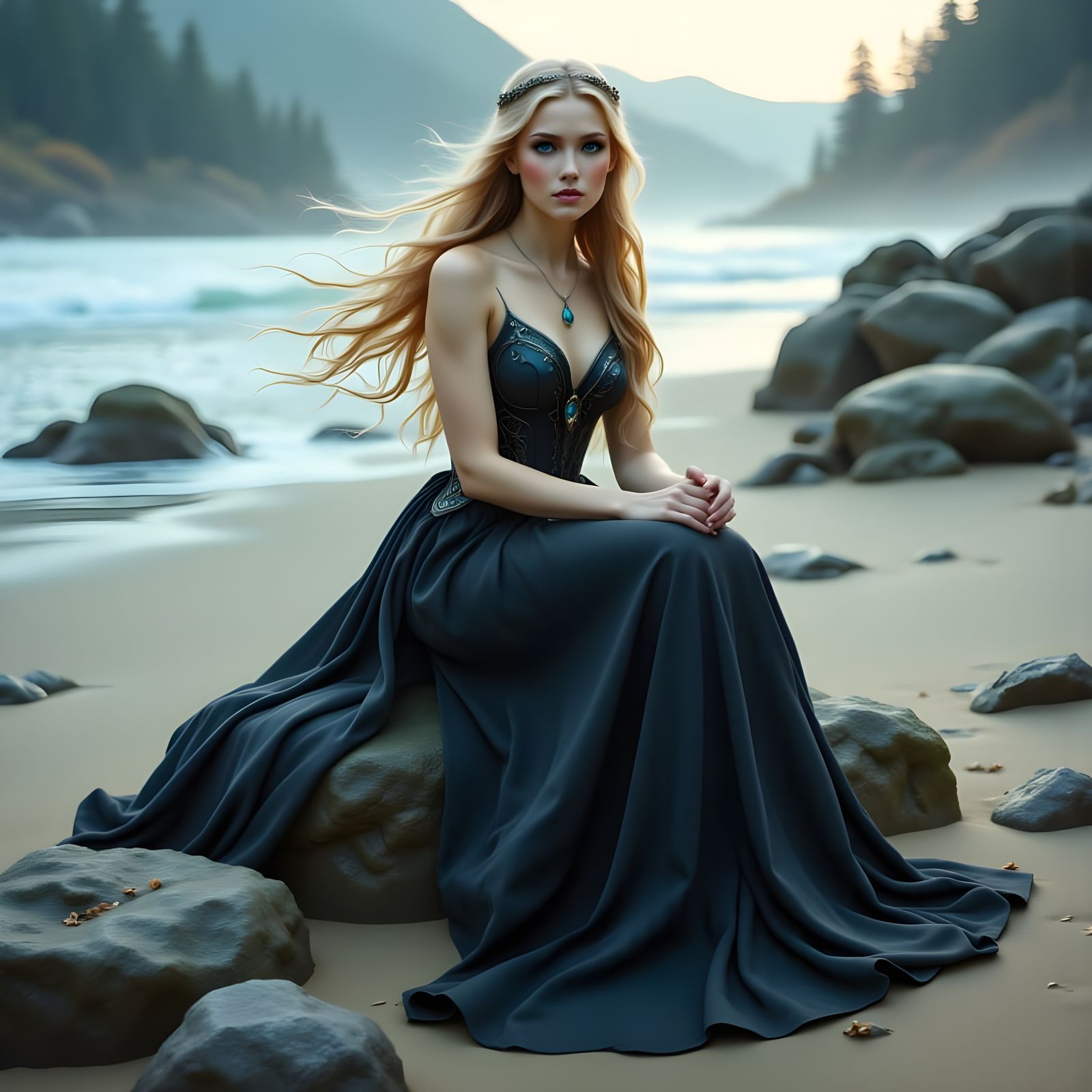 Norse Goddess on Foggy Beach, Hyper-realistic Fantasy