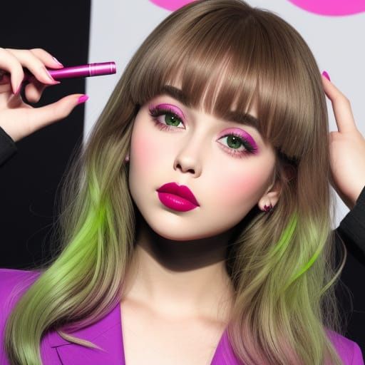 Woman's Face with Pink Lipstick and Green Eyes