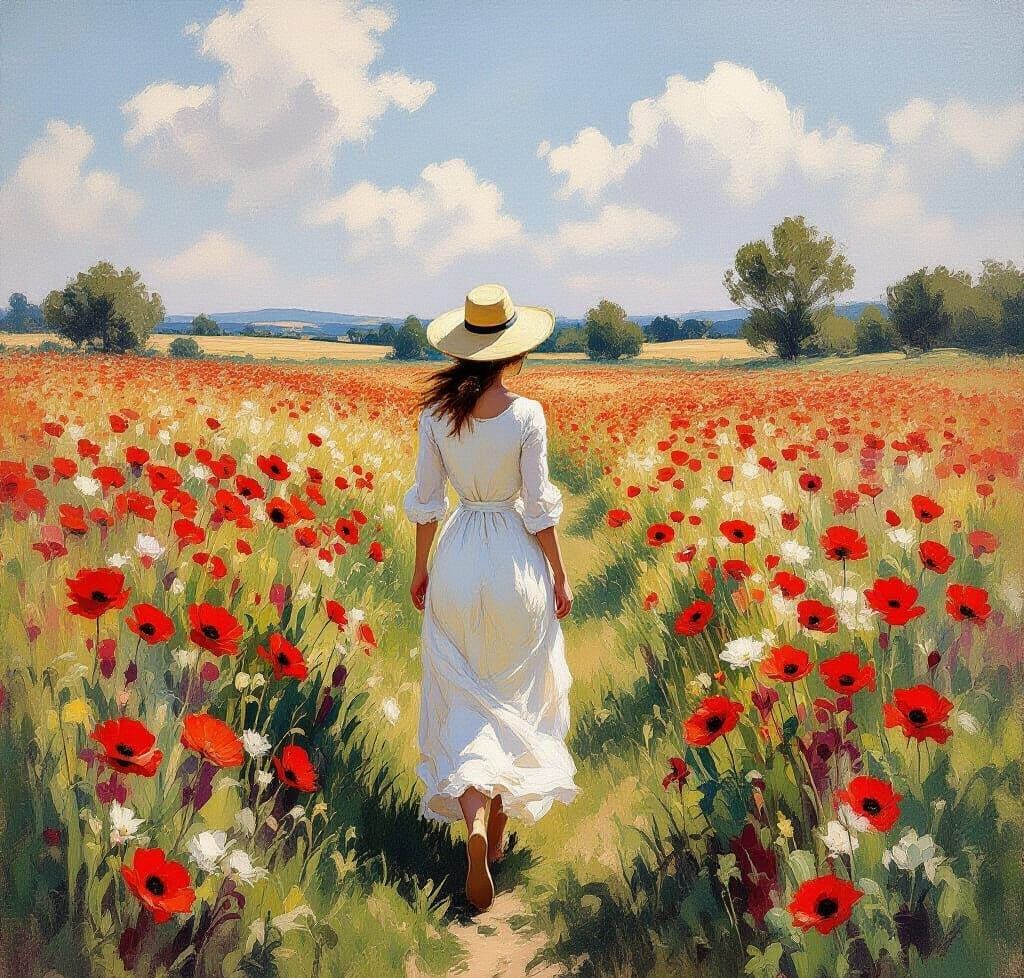 Woman in Poppy Field, Impressionist Style