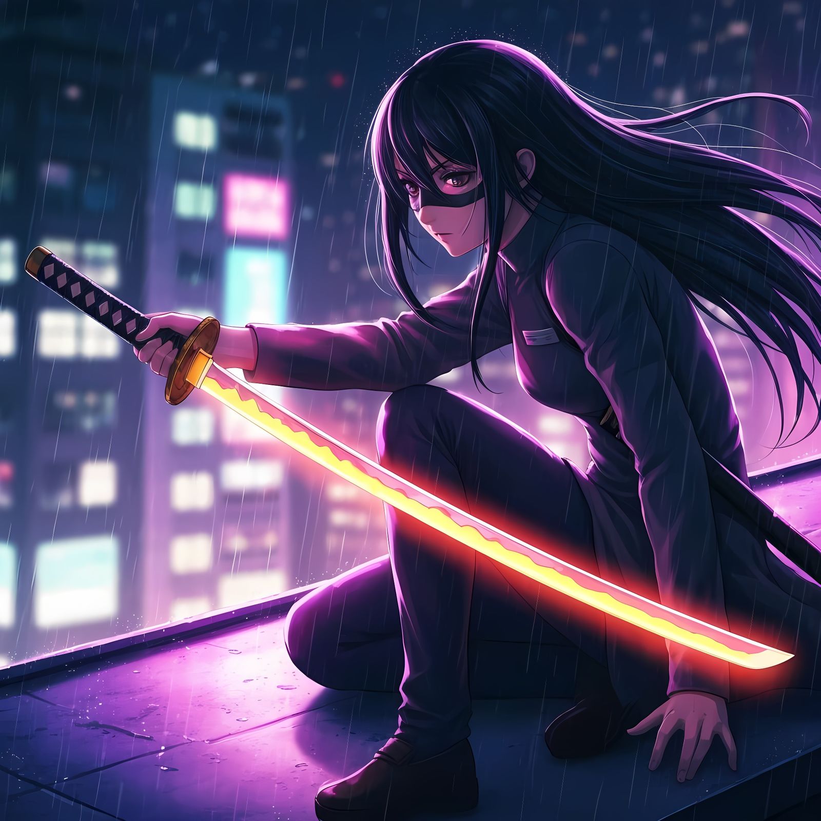 Anime Heroine on Rooftop with Neon Katana