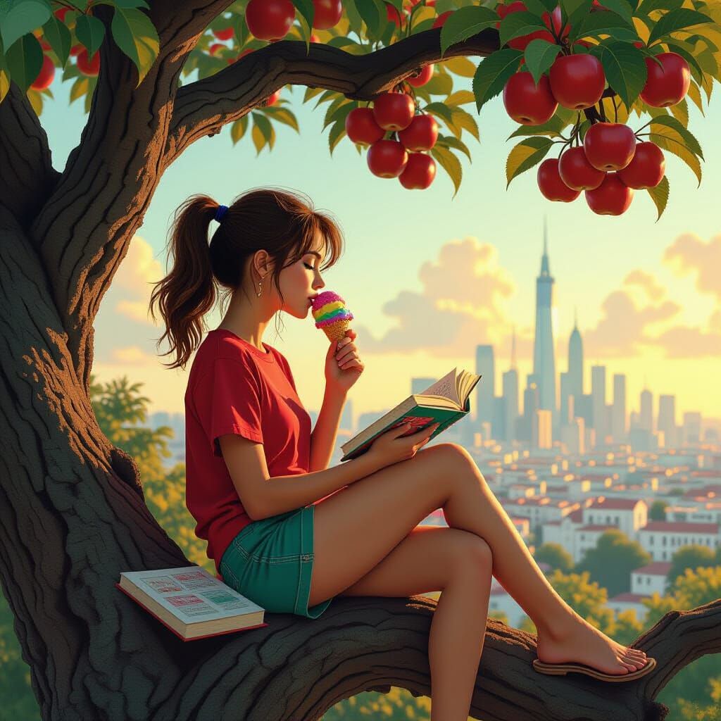 Girl Tastes Rainbow Ice Cream Under Golden Hour Light