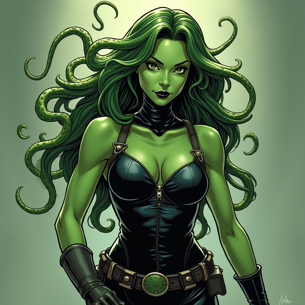 Green Alien Woman in Comic Book Style