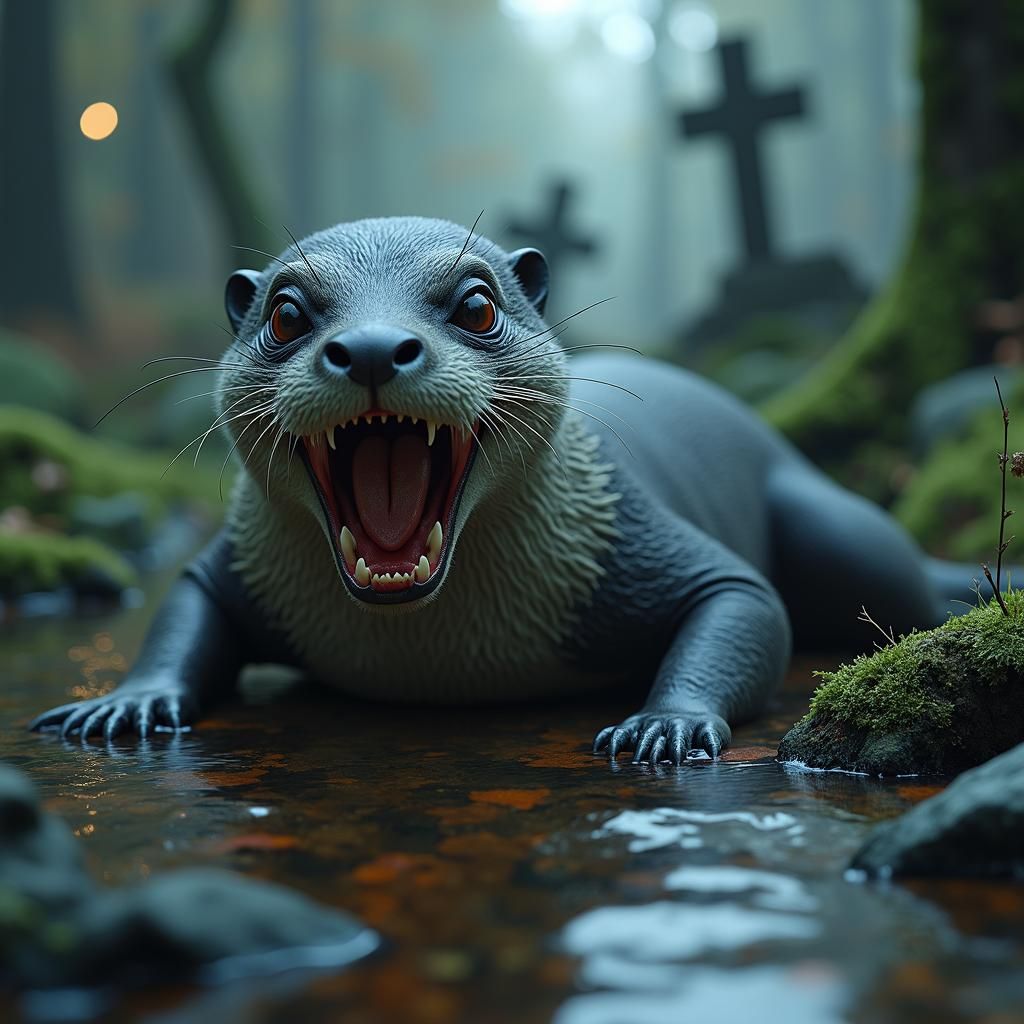 Anthropomorphic Creepy Ash Colored Zombie Vampire Otter laying in a Halloween Graveyard Creek