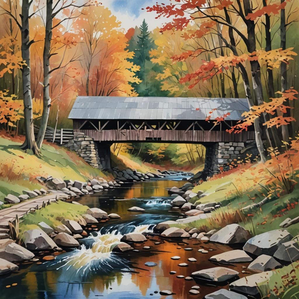 Autumn Covered Bridge: Gouache Impressionist Masterpiece