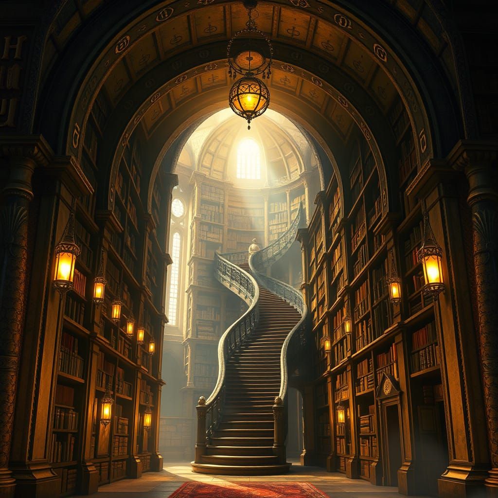 Sweeping Library Entrance in a Golden, Mystical Realm