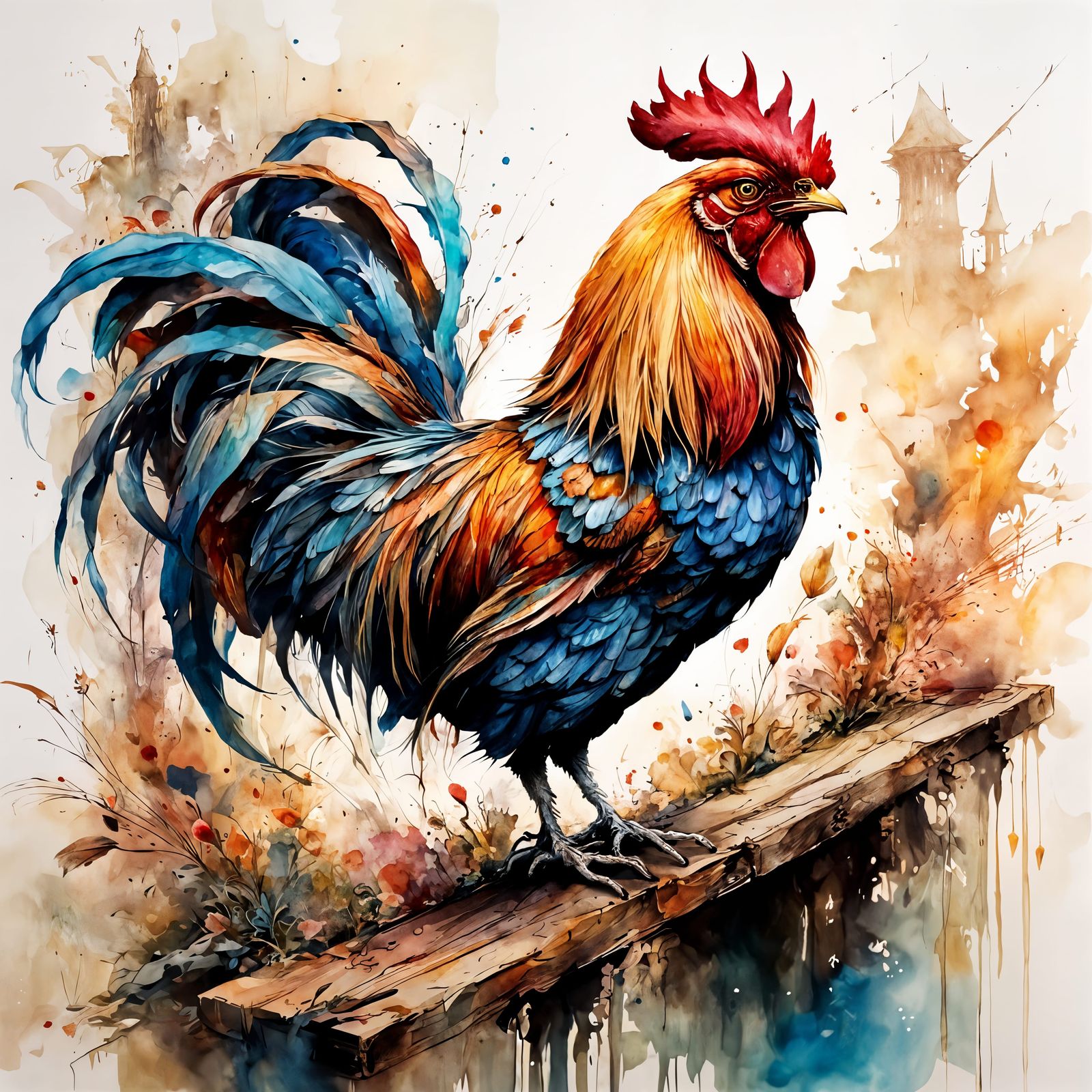 Whimsical Rooster Drill Sergeant in Vibrant Watercolor