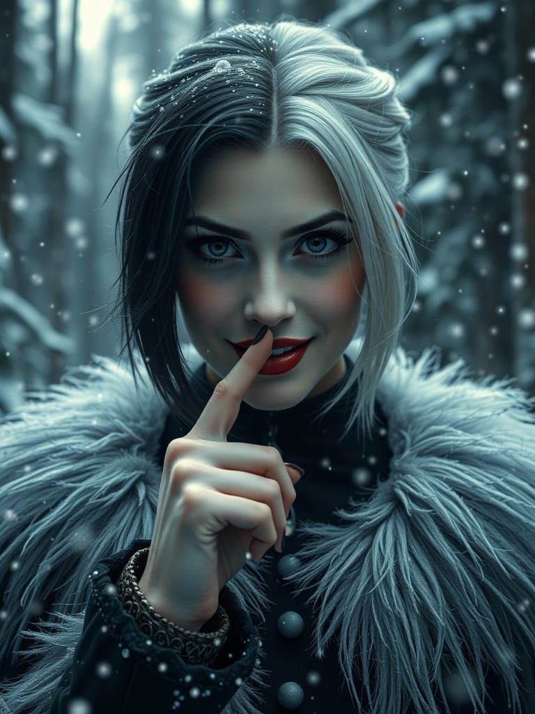 Cinematic Portrait of Cruella in Winter Forest