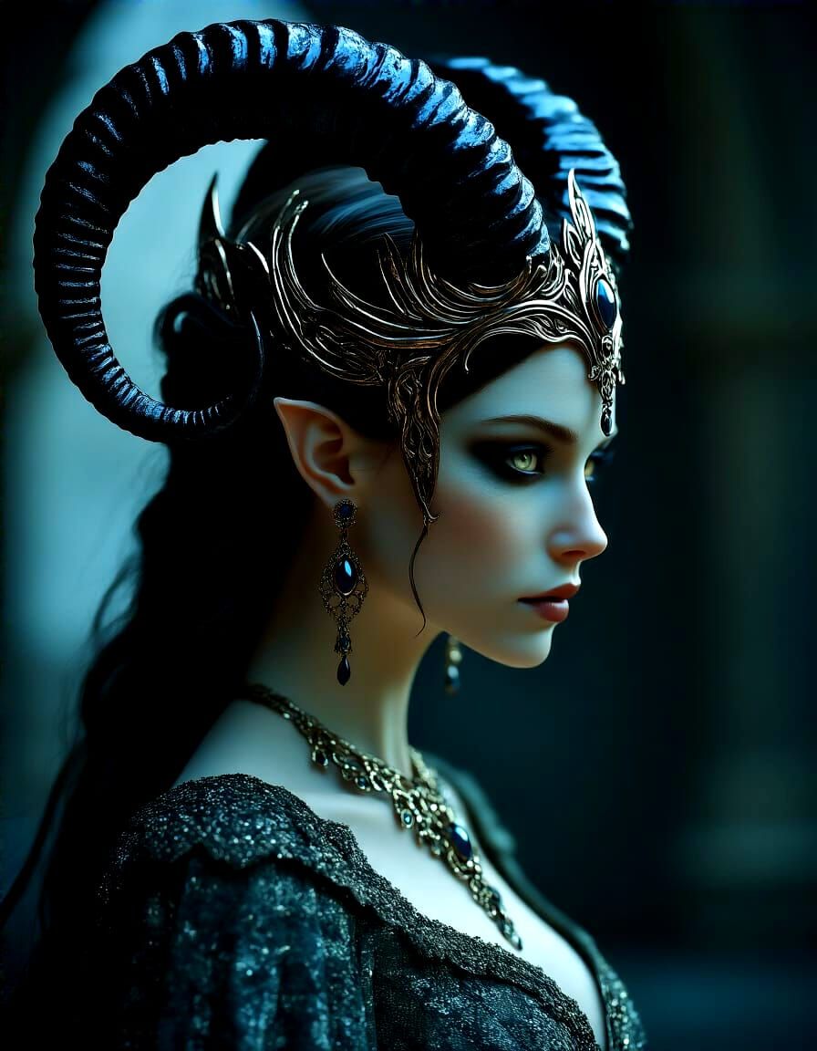 high fantasy queen with dark horns