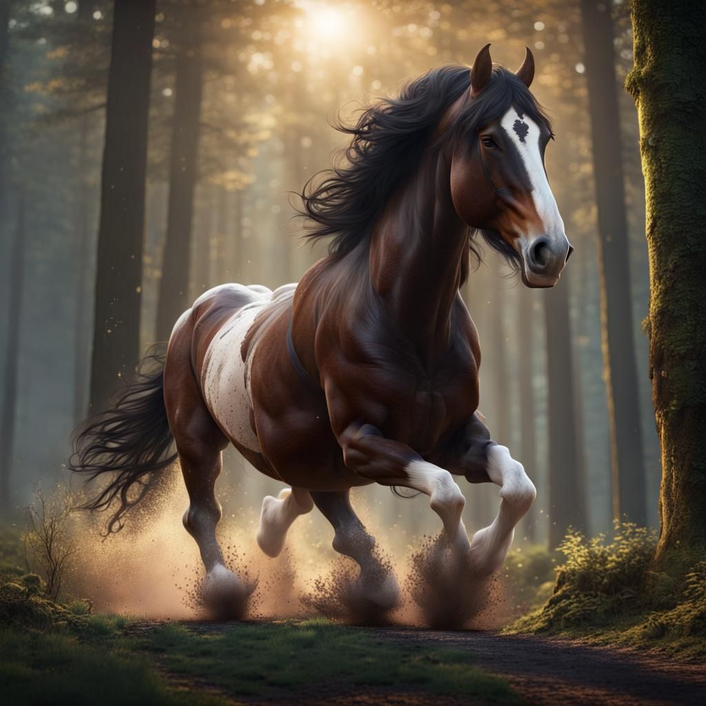 Clydesdale Horse Running Through Forest at Dawn