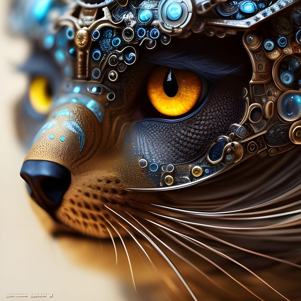 Armored Steampunk Mechanical Cat with Detailed Eyes