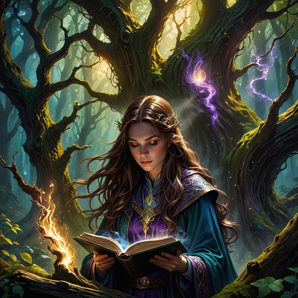 Mystical Forest Wizard Reading Spellbook in Matte Painting S...