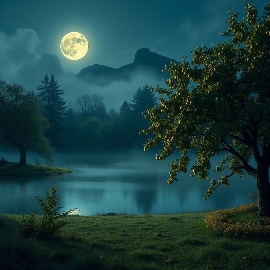 Moonlit Clearing by Lake in Dark Fantasy Style