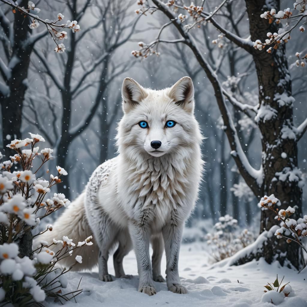Snowy White Fox with Blue Eyes