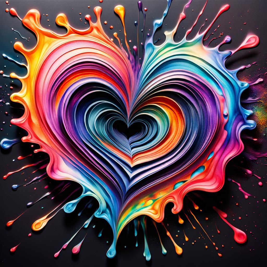 Dynamic Vorticism Heart in Ink with Iridescent Splashes