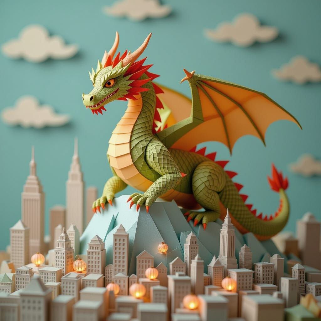 Paper Dragon Over Miniature Cardstock City