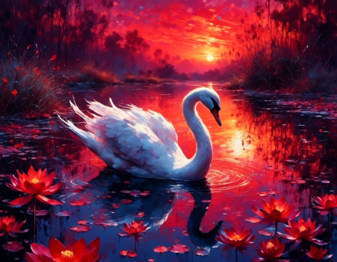 Swan on Lake at Sunset with Lotus Flowers