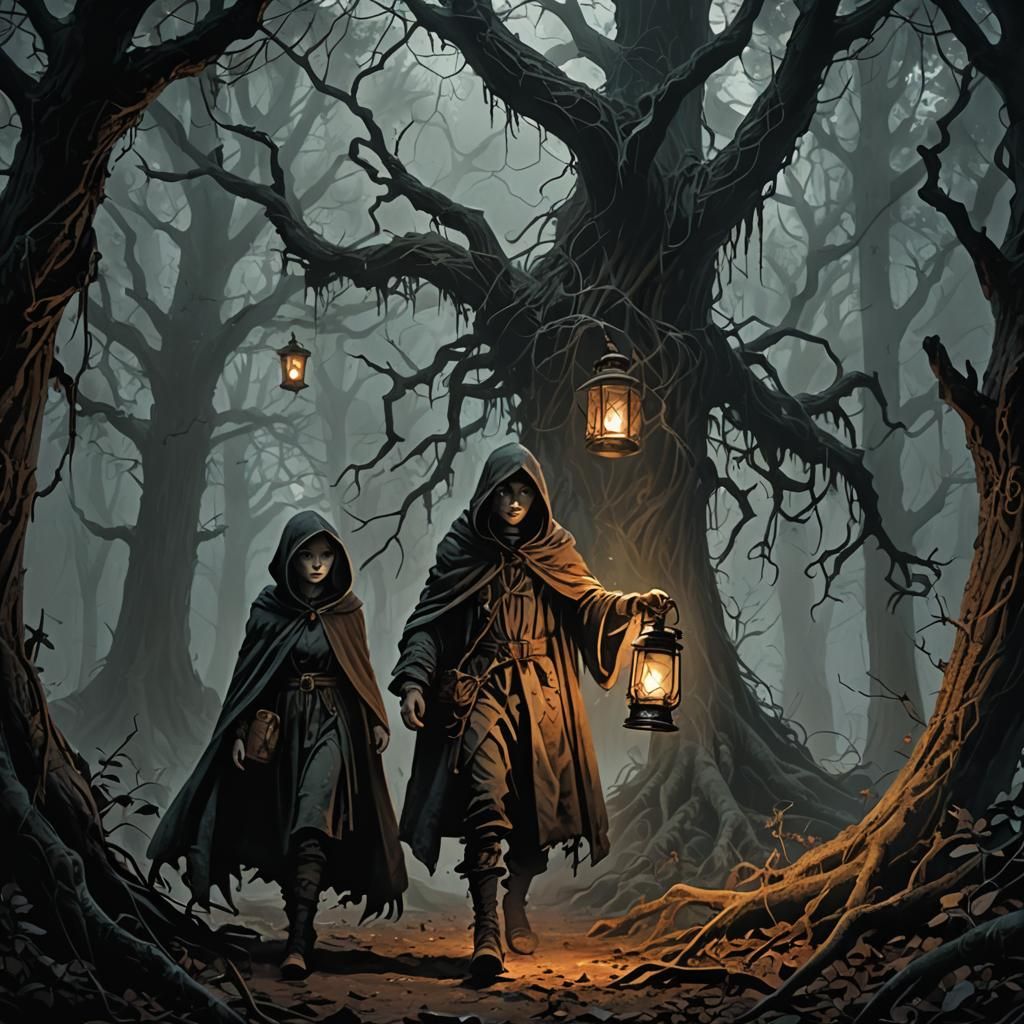 Children Lost in Dark Forest in Surreal Style