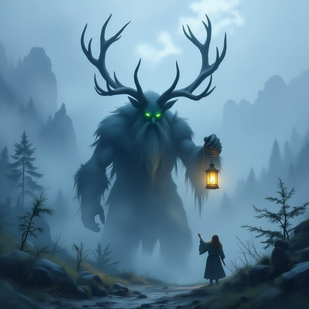 Ethereal Antlered Giant Lights Path in Fantasy Landscape