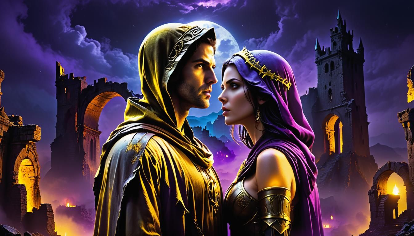 Mystical Hooded Figure Amidst Ruined Castle Elegance