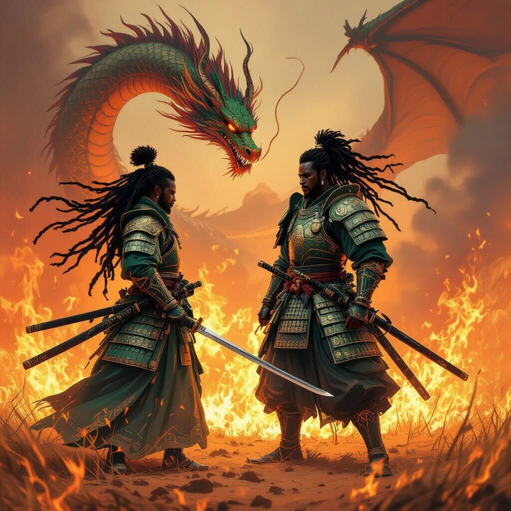 African Samurai Battles Dragon in Fiery Field