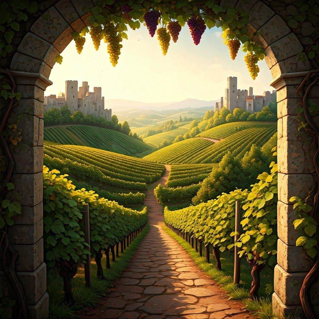 Medieval Vineyard Scene in Vibrant Colors