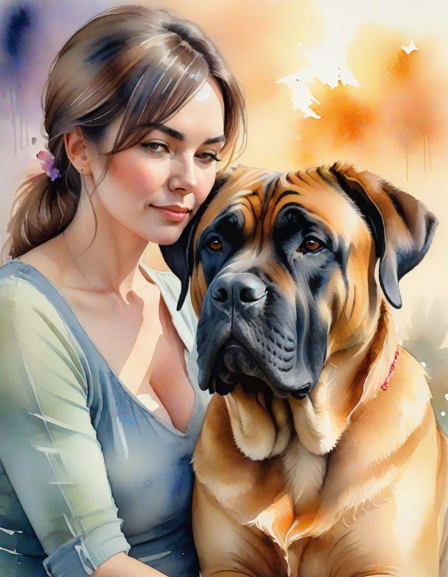Watercolor Portrait of Woman and Mastiff in Pastel
