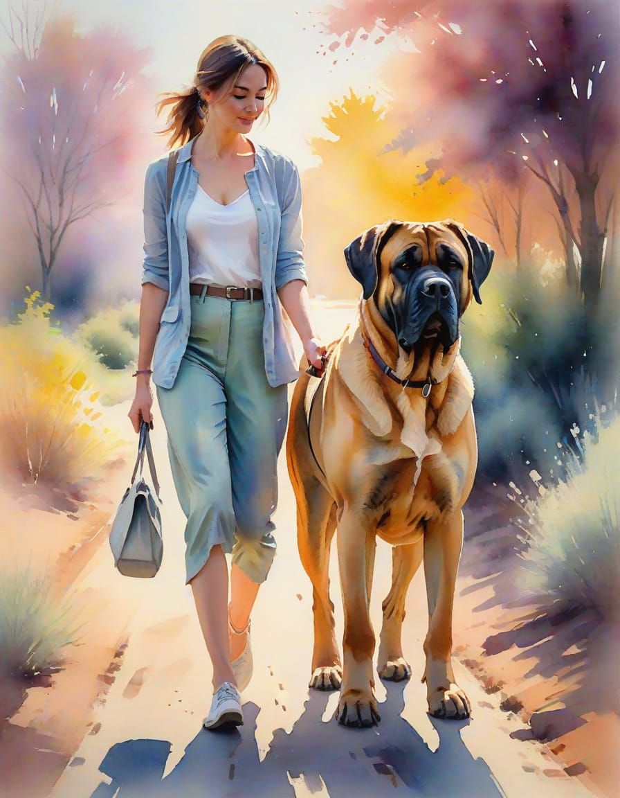 Woman and Mastiff in Pastel Watercolor Style