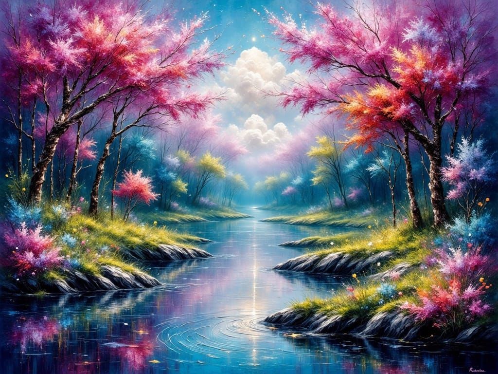 River Landscape in Expressive Impasto Style