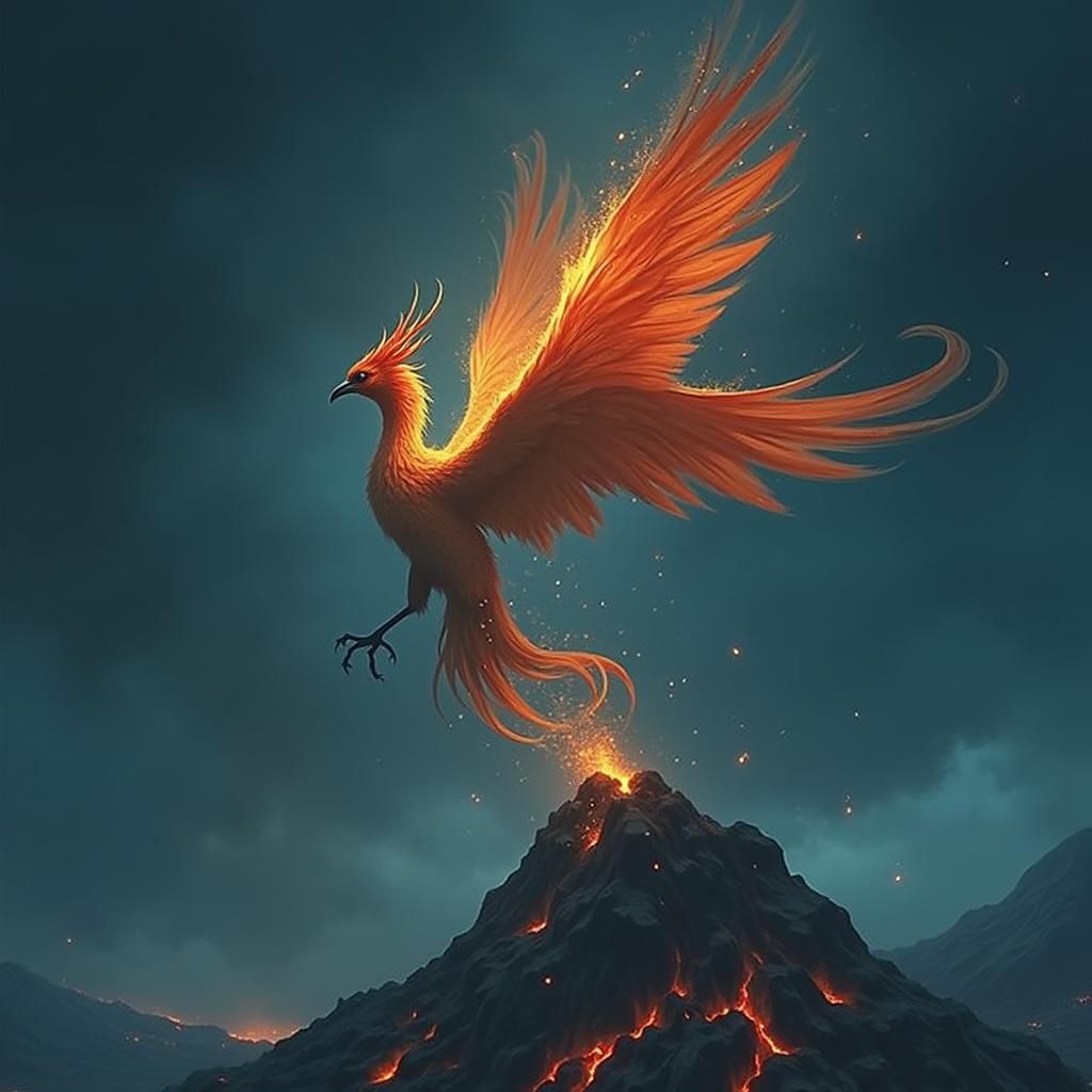 Phoenix Rising from Volcanic Fire, in Dark Fantasy Style