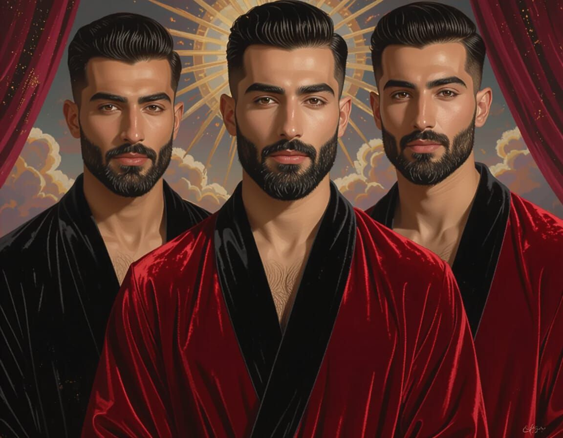 Hirsute Men in Red Velvet Robes, Soft Focus Matte Painting