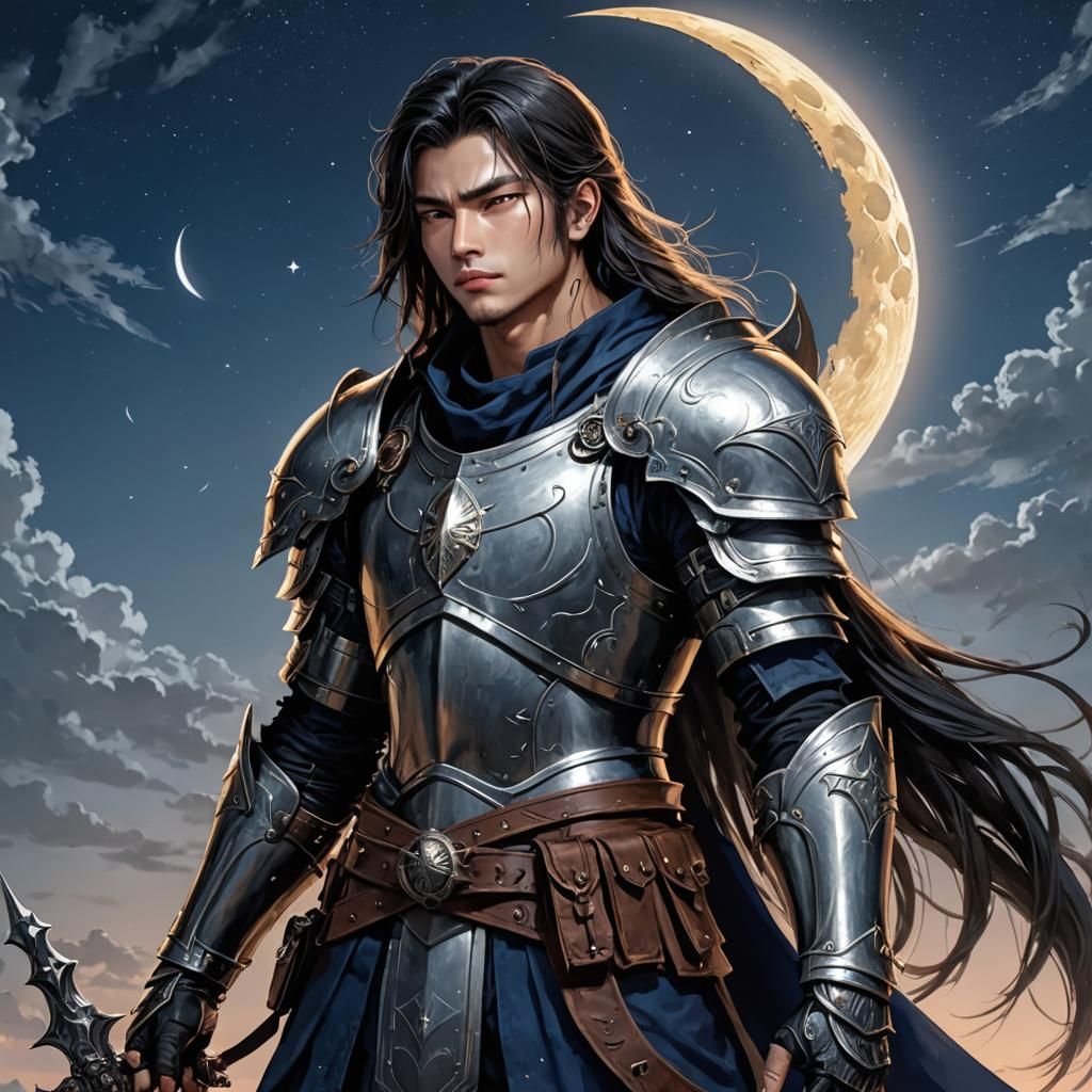 Armored Warrior Under Crescent Moon at Night