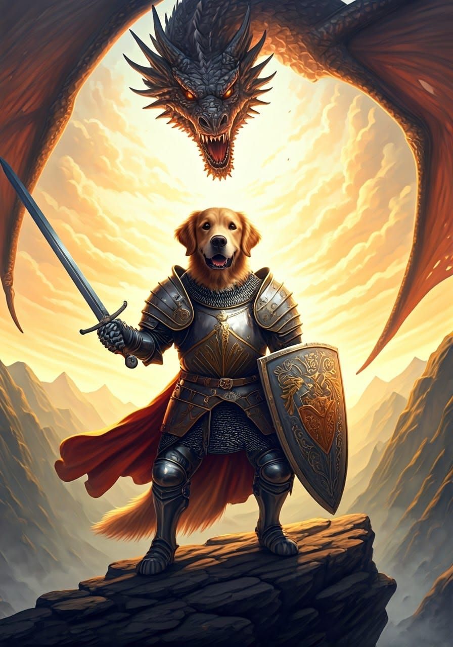 Golden Retriever Knight Confronts Dragon in Epic Battle