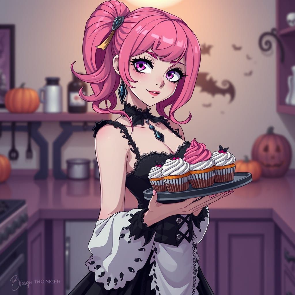 Gothic Cupcake Woman in Mailoute Style Kitchen
