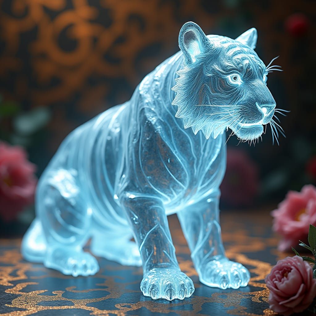 Translucent Glass Tiger in Dreamlike Environment