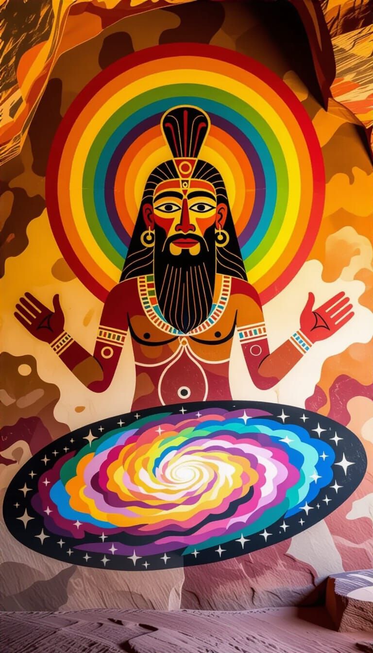 Cosmic Deity Cave Painting with Rainbow Halo